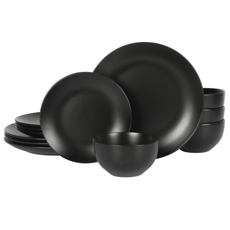 Gibson Home Queenslane 12 Piece Stoneware Matte Dinnerware Set - Matte Blue, Black