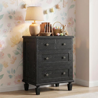 Commode 4 tiroirs pour la chambre à coucher, commode rétro avec poignées sculptées et pieds fuselés, commodes en bois avec rangement de grande capacité pour le vestibule du salon