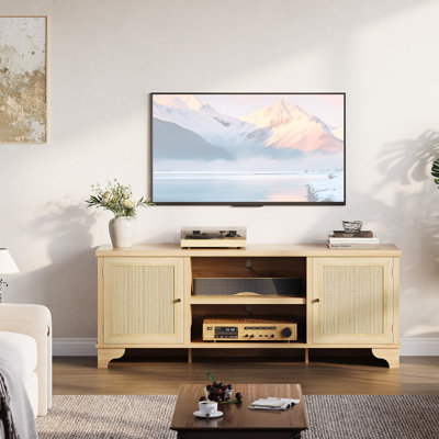 Console média bohémienne pour téléviseurs de 70 pouces, armoires de rangement à 2 portes et tablettes ouvertes, meuble télé en rotin