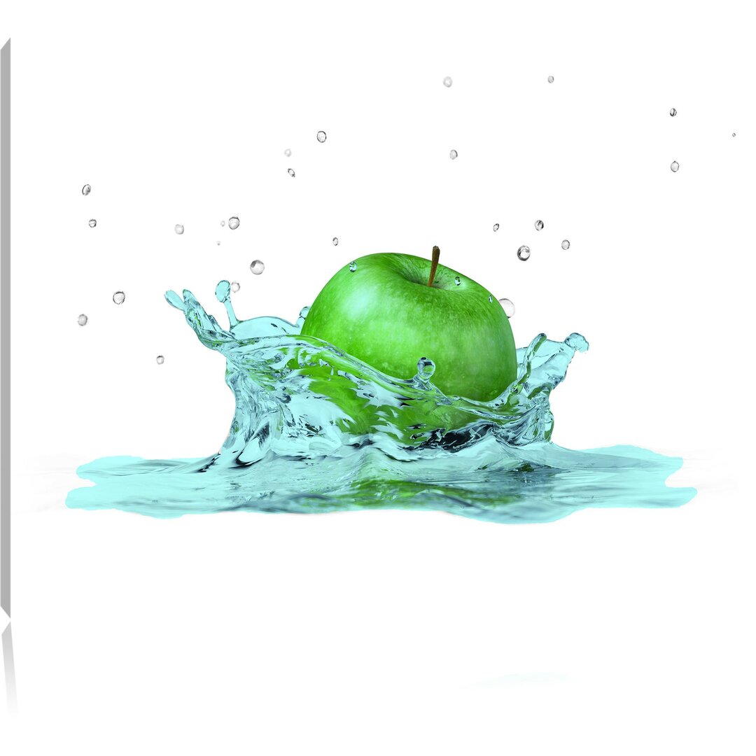 Leinwandbild Green Apple Apfel fällt in Wasser