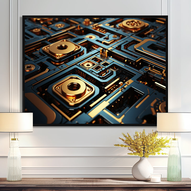 «Blue Gold Mainframe Mécanics», reproduction d'art abstrait, H 12 po x l 20 po x P 1 po, Toile avec cadre flottant noir