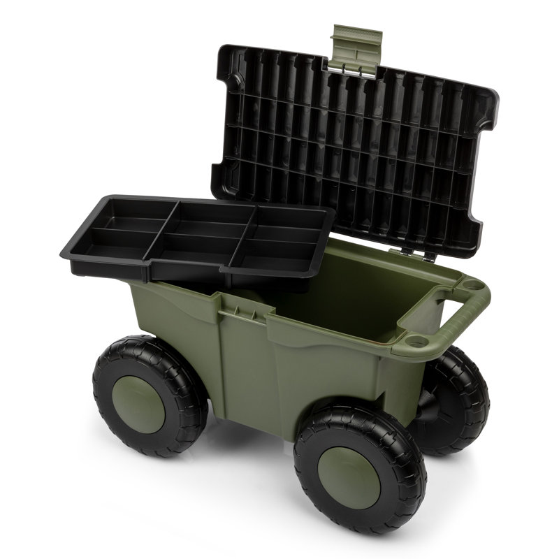 Rolling Garden Cart with Seat - Plastic Storage with Bench and Interior Tool Tray - Gardening Stool for Weeding and Planting by Pure Garden