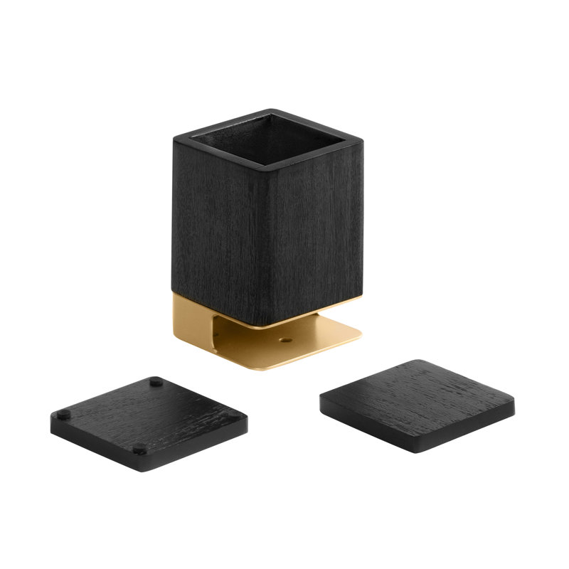 Solid Wood Pen Holder with 2 Coasters, Black/Gold