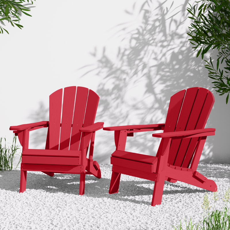  HDPE All-Weather Foldable Adirondack Chair with Cup Holder (Set Of 4,Red), Red, Set Of 4