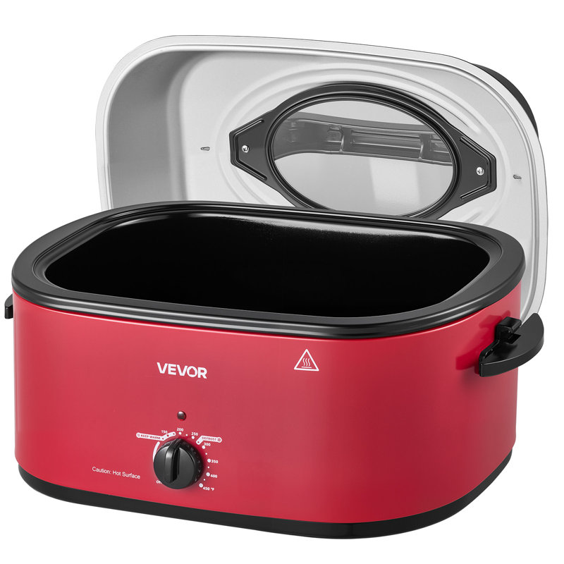 Rôtissoire électrique, 24 pintes, lèchefrite pour dinde, rouge, puissance 1450 W, couvercle auto-arrosant avec fenêtre de visualisation, thermostat réglable de 65 à 230 °C, appareil de cuisson de comptoir avec fonctions décongélation et maintien au chaud, lèchefrite et grille amovibles.