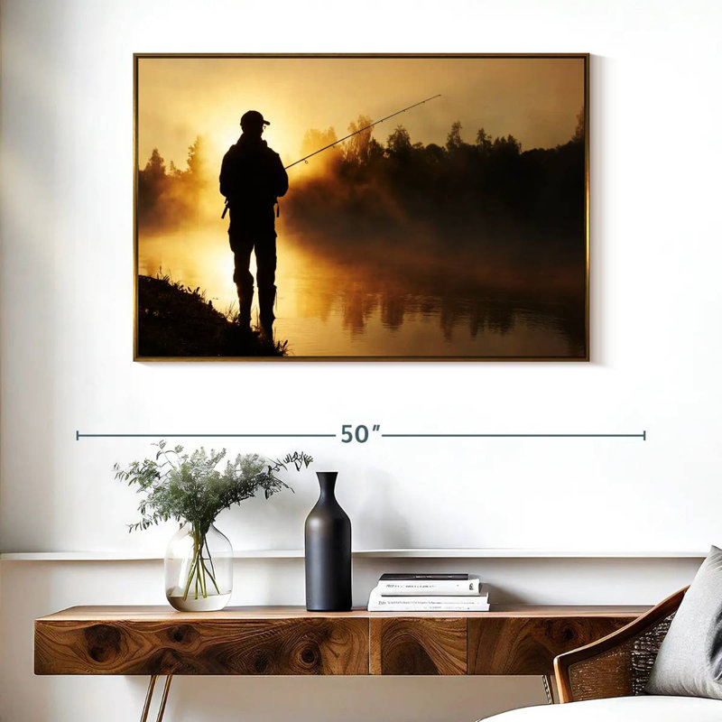Pêche sur une berge brumeuse, Cadre flottant doré, 40 po x 27 po
