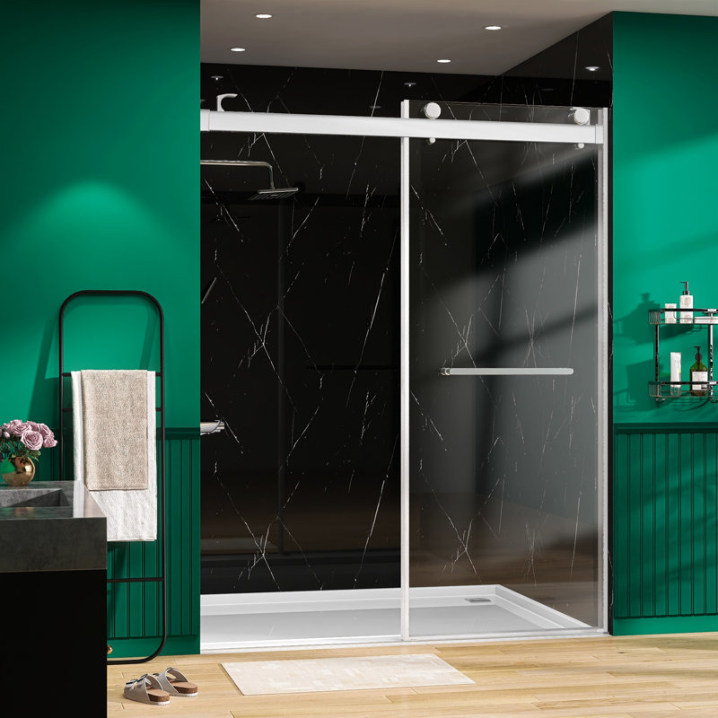 Porte de douche coulissante double sans cadre 68-72 "x H 79" en nickel brossé avec verre trempé transparent de 3/8 "