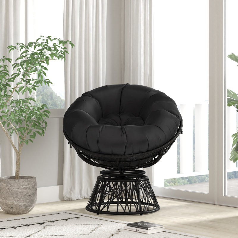 Tarquin Swivel Patio Papasan Chair with Cushion, Black, Black