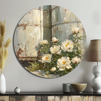 Peonies Along The Grain Bin I - Peonies Round Metal Print Wall Art