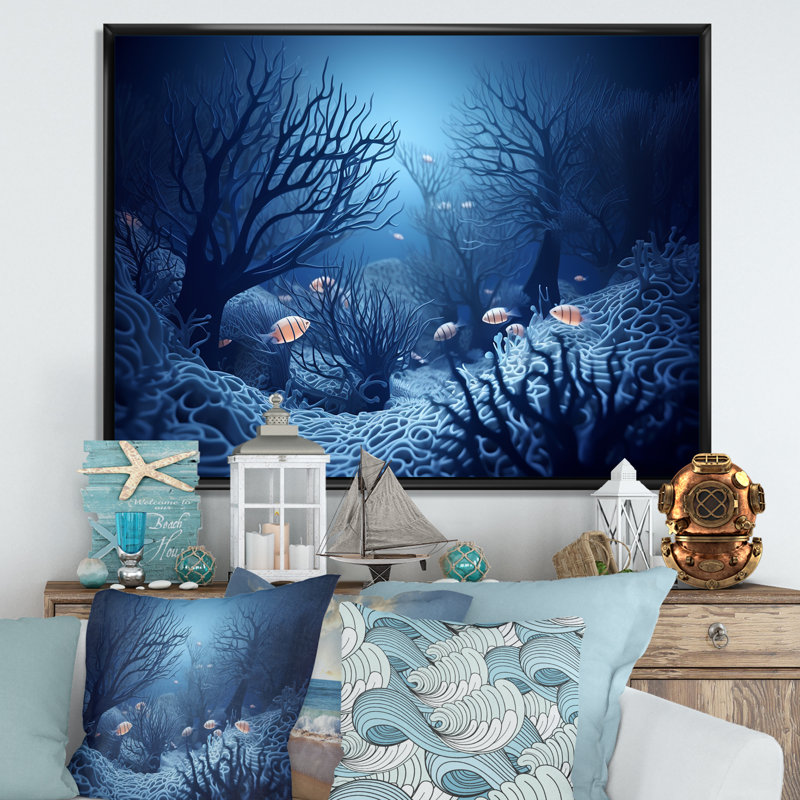 Art sous-marin bleu et noir sous-marin, H 34 po x l 44 po x P 1,5 po, Cadre flottant noir