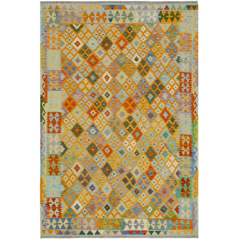 Tapis bleu orange en laine fait à la main Kelvina