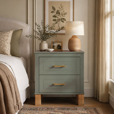 2 Drawer Nightstand, Premium Wood Storage with Elegant Fluted Design, Solid Wood Legs Nightstand with Metal Handle, Tall Bedside Table for Bedroom Living Room,Olive