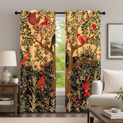 2Pcs Vintage Forest and Birds Pattern Curtains, Botanical Style Drape, Artistic Floral Tree Print Grommet Window Panels, Home Decor for Bedroom Living Room