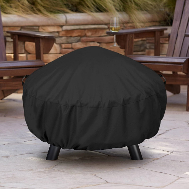 420D PU Black Round Fire Pit Cover | Waterproof with Vent, Buckles & Storage Bag - 41"D x 25"H