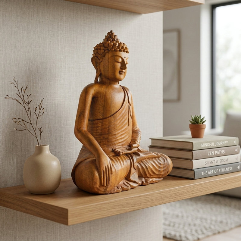 Statue de Bouddha en bois sculptée à la main, sculpture terre touffue, décor zen naturel, H 12 po x l 10 po x P 5 po