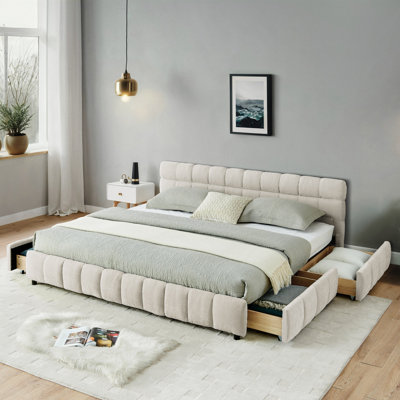 Lit tapissier, base de lit tapissier confortable, tissu chenille, avec tête de lit et base de lit solide. Avec tiroir pour le rangement (90,5 po x 80,5 po x 31 po)
