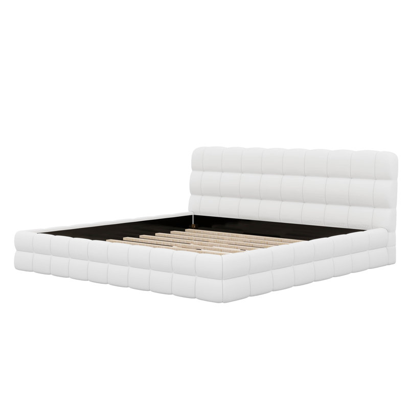 Très grand lit plateforme tapissier, lit plateforme en tissu molletonné avec tête de lit moelleuse, Blanc