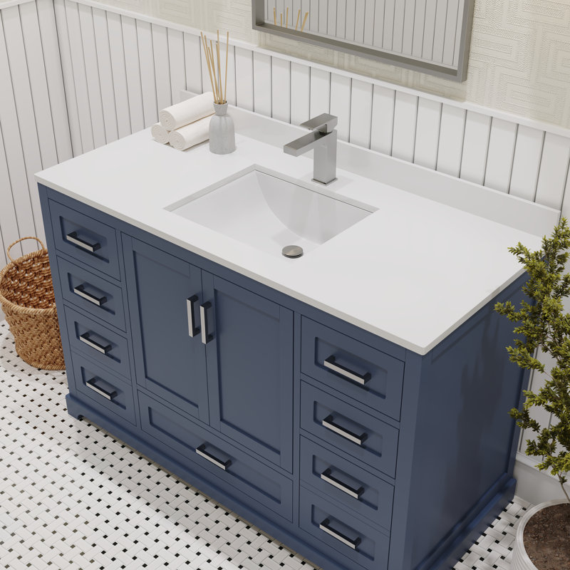 Maya 48'' Single Bathroom Vanity with White Quartz Top, Navy Blue