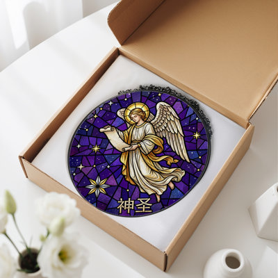 12"H Angel Scroll Stained Glass Window Panel