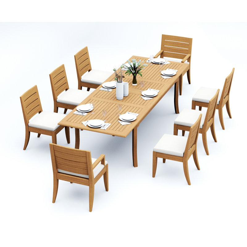 8 Seats 9 Pcs Grade-A Teak Wood Dining Set: 118" Double Extension Rectangle Table And 8 Atnas  Chairs (2 Arm & 6 Armless Chairs) #11AT2402
