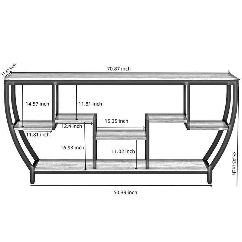 Console industrielle, table d'entrée de 70,9 pouces avec étagères, Gris / Noir, Gray