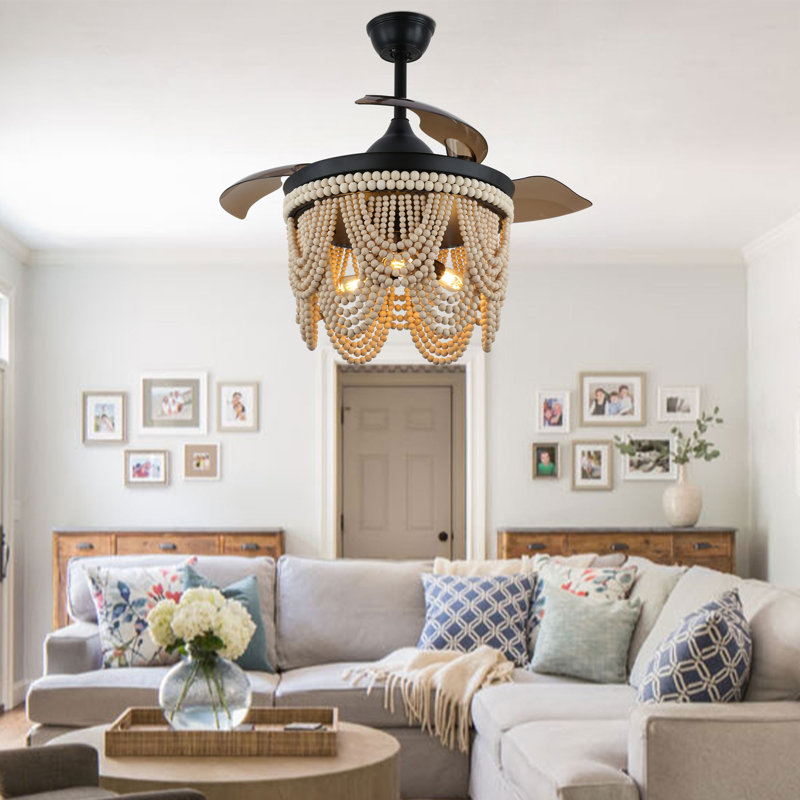 Dayzhane 42 Inch Farmhouse Boho Retractable Ceiling Fan with Light, 6-Speed Wood Beaded Ceiling Fan with Remote Control