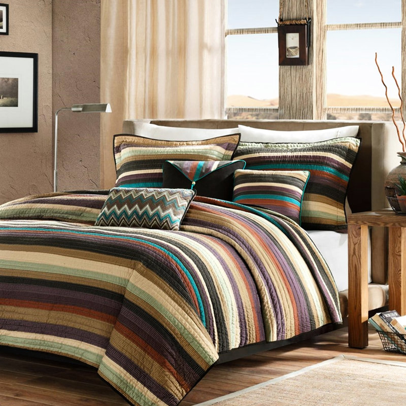 Reversible Quilt With Throw Pillows, Microfiber, Exquisite Stripes In Purple Teal And Earth Tones, Full/Queen Microfiber , Reversible, Mesmerizing Zig Zag Stripe Patterns Bedding