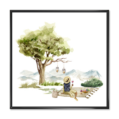 Jeune fille assise avec un verre de vin sous un arbre - impression d'art sur toile