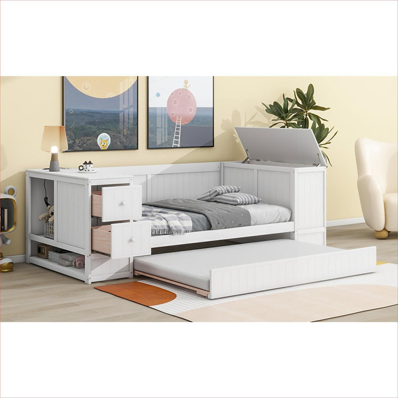 Lit de jour simple en bois massif avec accoudoirs de rangement, couchette coulissante et station de charge intégrée, blanc classique