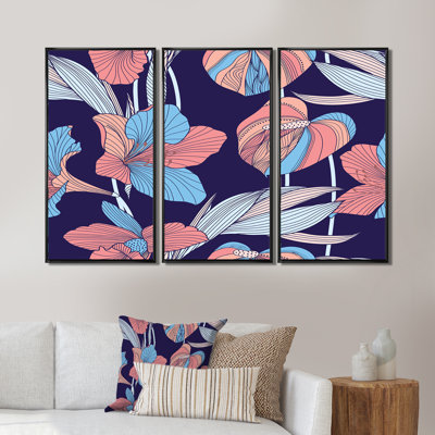 «Pink and Blue Vintage Foliage», ensemble d'art mural sur toile encadré traditionnel