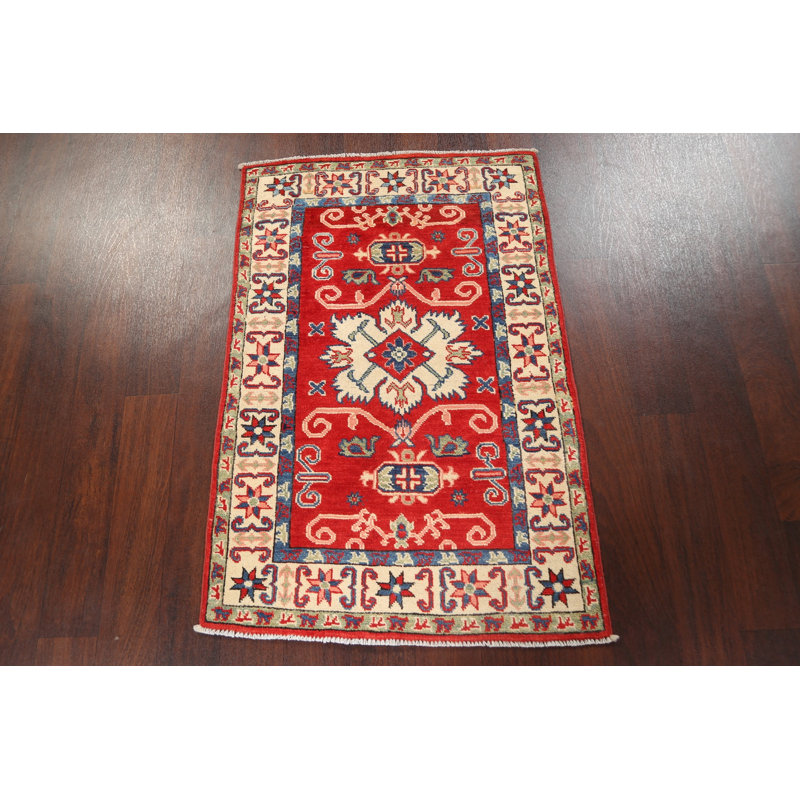 Tapis rouge en laine noué à la main de conception unique 2 pi 6 po x 3 pi 10 po New Age