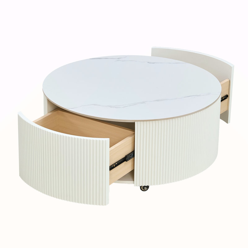 Modern Round Movable Coffee Table With Casters, White