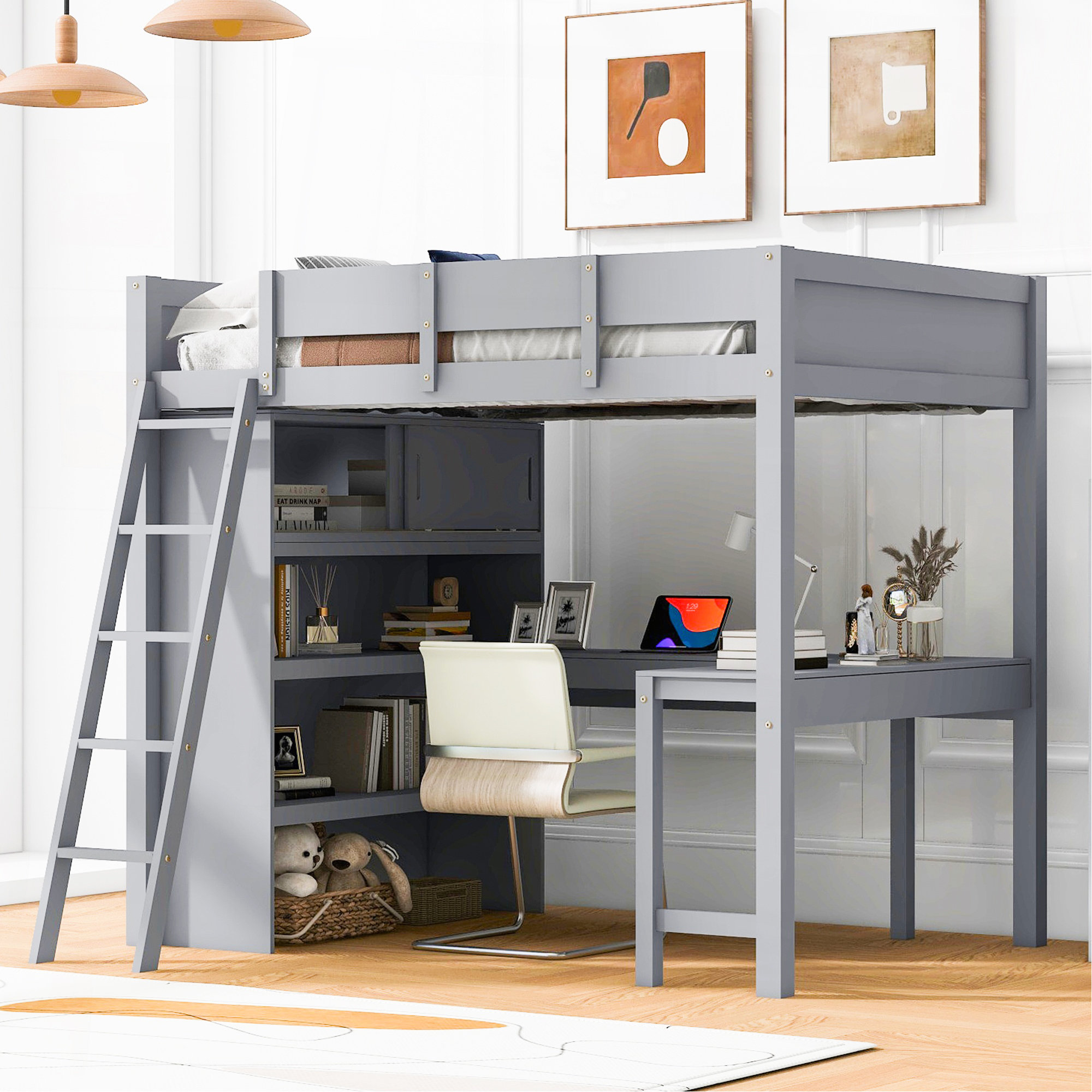 Ebern Designs Full Size Loft Bed With Desk And Shelf - White - Wayfair ...