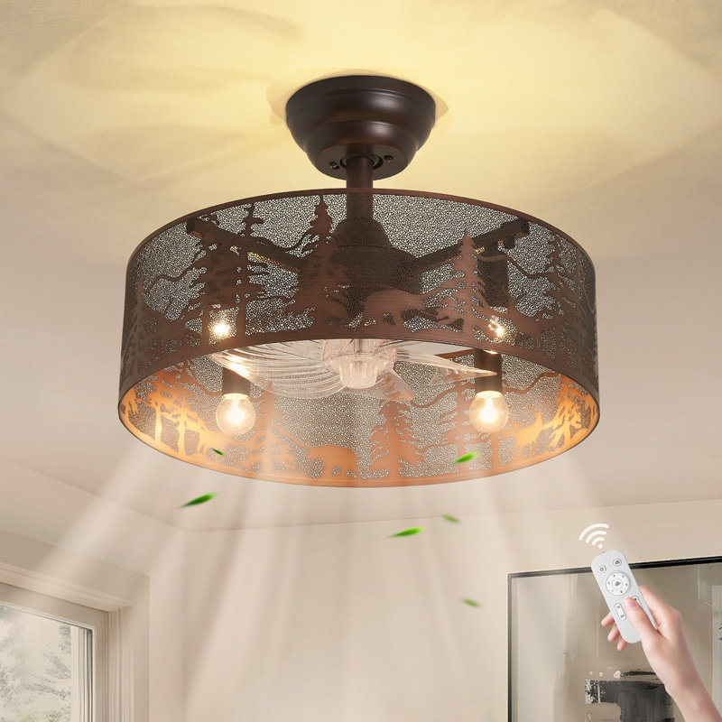 Ventilateur de plafond en forme de cage en bronze 17,7 po avec lumière, moteur à courant continu réversible et télécommande