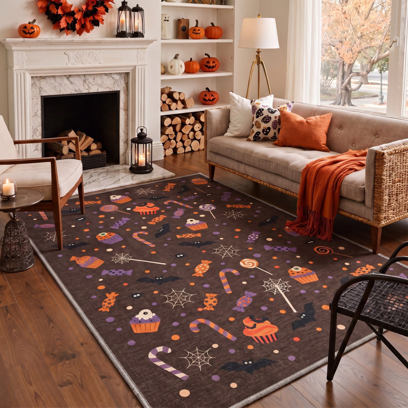 Tapis d'Halloween à motifs de bonbons et de chauves-souris, brun/orange, lavable à la machine, à poils courts, antidérapant