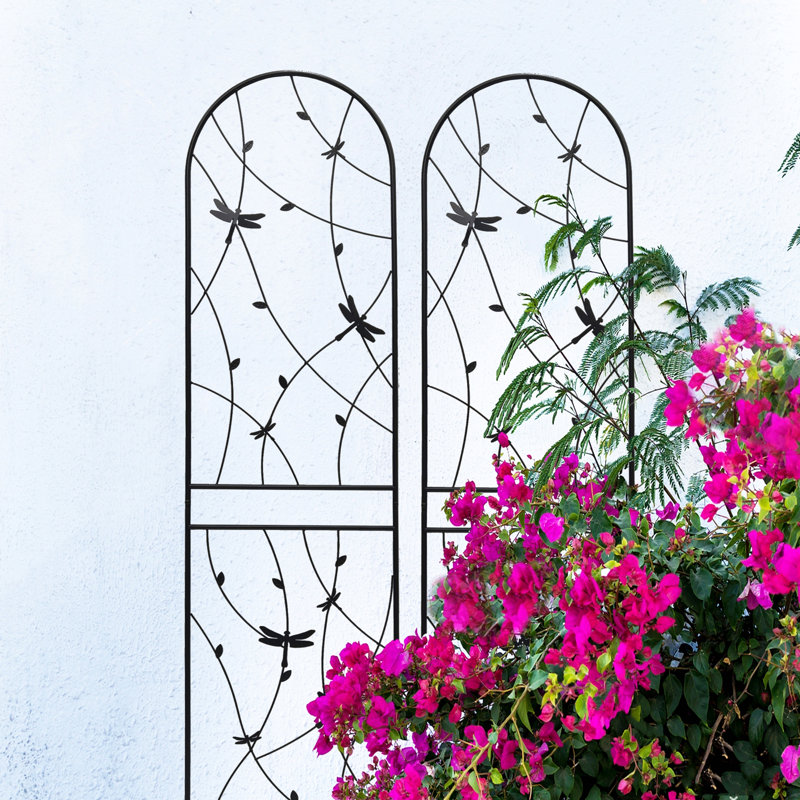 2 Pack Metal Garden Trellis 86.7" X 19.7" Rustproof Trellis For Climbing Plants Outdoor Flower Support Dragonfly Deco Black
