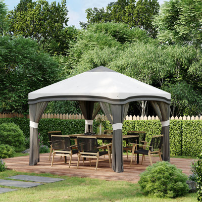 Tente escamotable pour l'extérieur, 10 pi x 10 pi, avec filet, hauteur réglable, sac de transport portatif et 4 sacs de sable, filet extérieur pour occasions grises, réglable. Comprend les roues et les sacs. Gris. Excellent