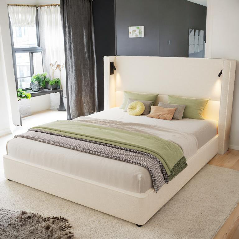 Base de lit rembourrée beige de luxe - tête de lit à oreilles haute, port de charge USB et lampe de lecture réglable, sans sommier
