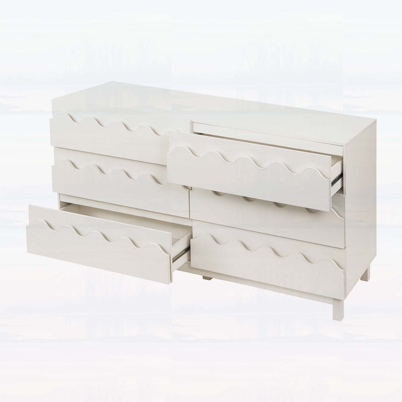 6 Drawer Storage Cabinet with Wave Front Design,Modern TV Stand & Chest of Drawers, Light Oak