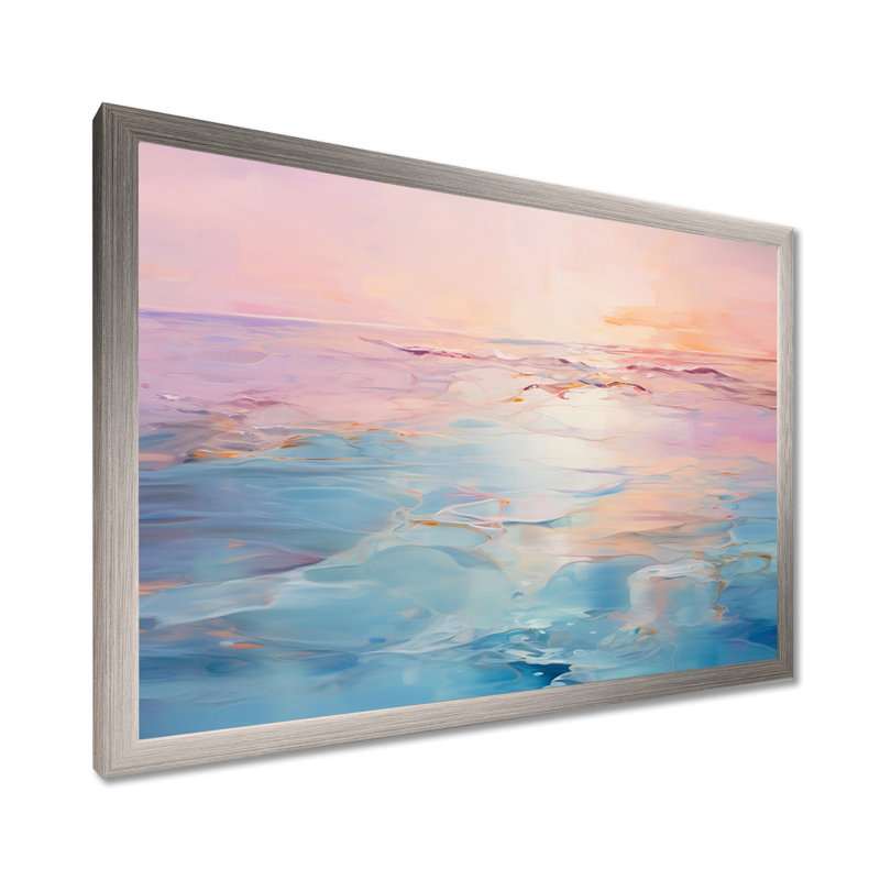 Rose et bleu pastel coucher de soleil - vagues côtières, art mural, H 24 po x l 32 po x P 1 po, Cadre photo argenté