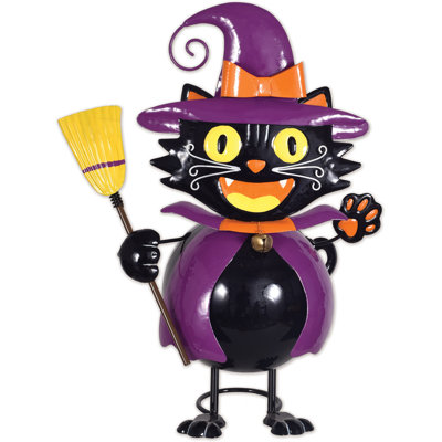 Witch Cat Broom Metal Halloween Tabletop Decor