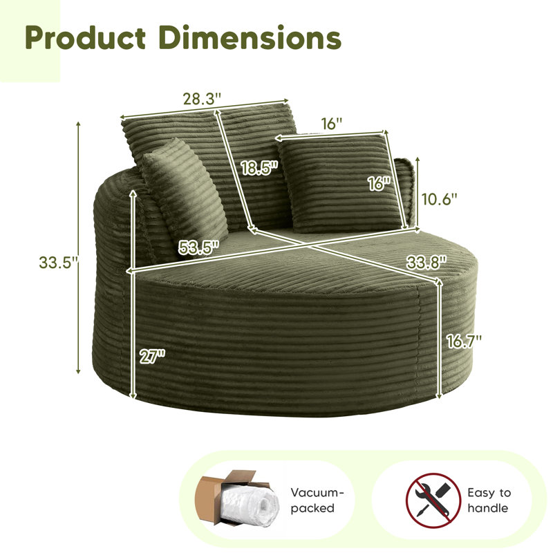 53" Oversized Compression Round Accent Chair – Plush Corduroy Upholstery Chaise Longue Chair Indoor, Olive Green