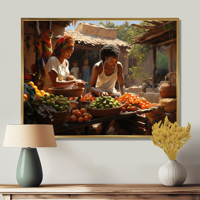 «African Vibrant Market I», reproduction d'art sur toile, H 34 po x l 44 po x P 1,5 po, Cadre flottant doré