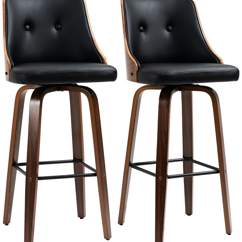 Tabourets de bar, de 2, noir. Cuir d'unité centrale, dossier et repose-pieds. 360 pieds pivotants en bois massif pour un look moderne avec 2 tabourets noirs. Cuir avec élévation élégante