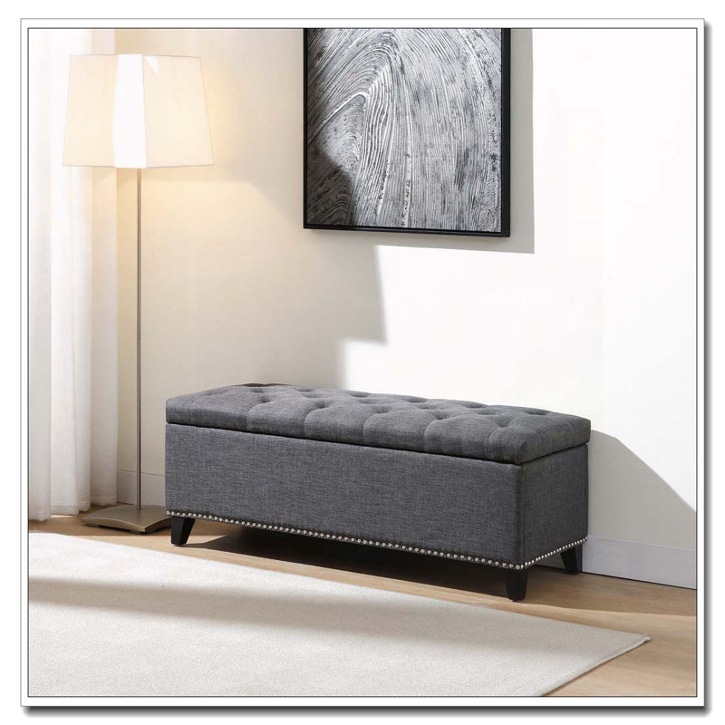 Banc de rangement en lin capitonné, Gris foncé