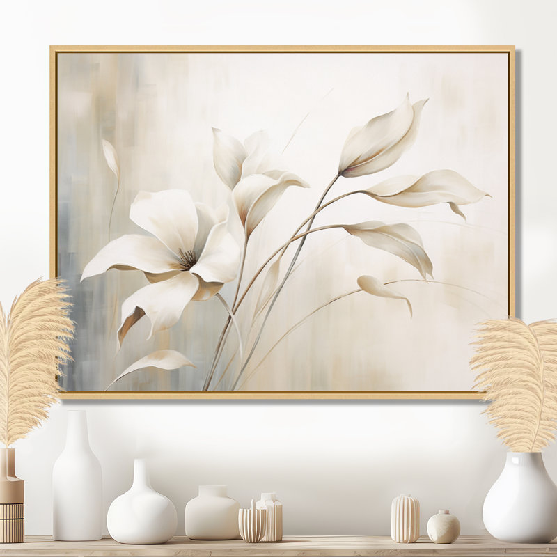 Élégance botanique blanche III - Botanique abstraite, art mural, H 34 po x l 44 po x P 1,5 po, Cadre flottant érable