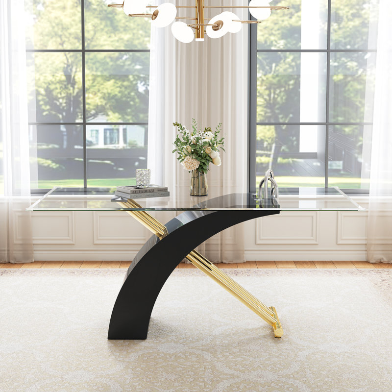 Modern Glass Dining Table Set, 63" Rectangular Tempered Glass Table, X-Shaped Base, 6 Velvet Upholstered Chairs With Nailhead Trim(Set Of 7)