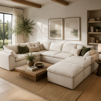 Canapé modulaire en forme de U 108,3 po à 8 sièges avec repose-pieds, canapé d'angle surdimensionné en U à assise profonde, assemblage sans outil comprimé sous vide, grand canapé en tissu tissé texturé pour le salon, blanc crème