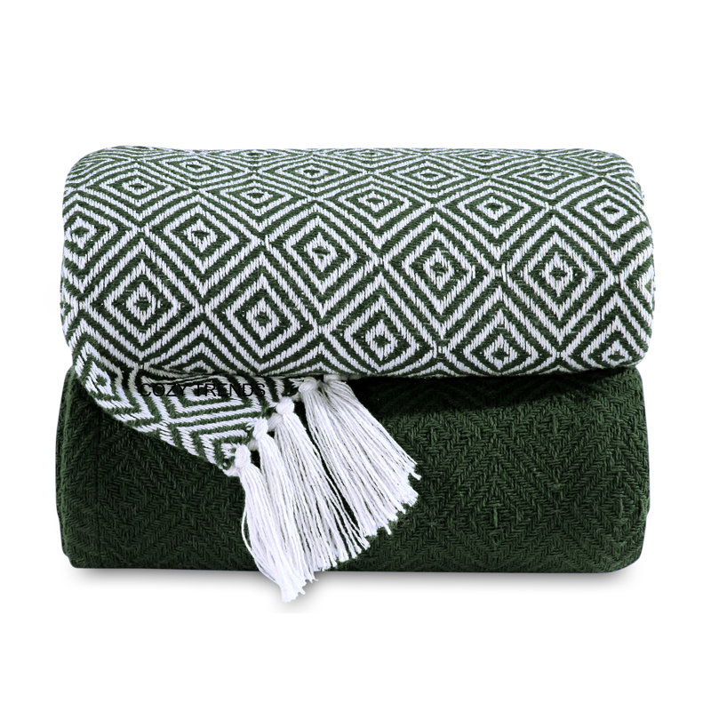 Jeté 100% coton, Vert, Géométrique / couleur unie