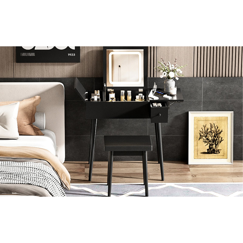 Coiffeuse noire avec 2 tiroirs, DEL, station de charge, panneau et tabouret de coiffeuse, tabouret de maquillage pour bureau 27,9 po